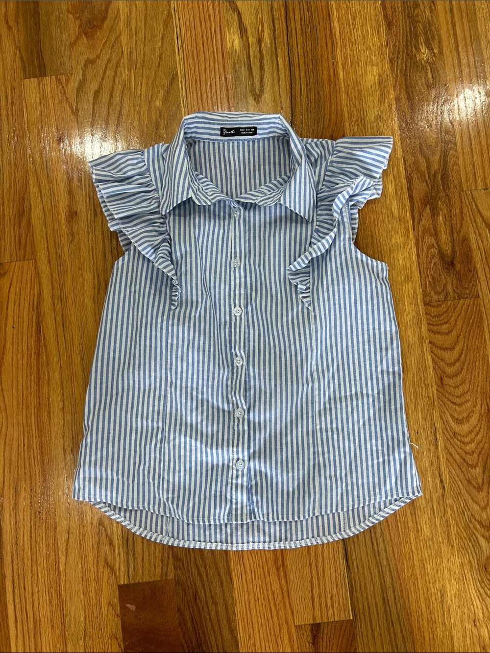 SHEIN Blue & White Striped Ruffle-Sleeve Button Front Top